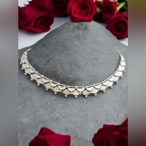 Vintage Signed Crown Trifari Brushed Silver Scalloped Rhinestone Choker